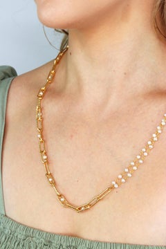 Pearl and Sterling Silver with 18K Gold Overlay Paperclip Link Necklace 22”
