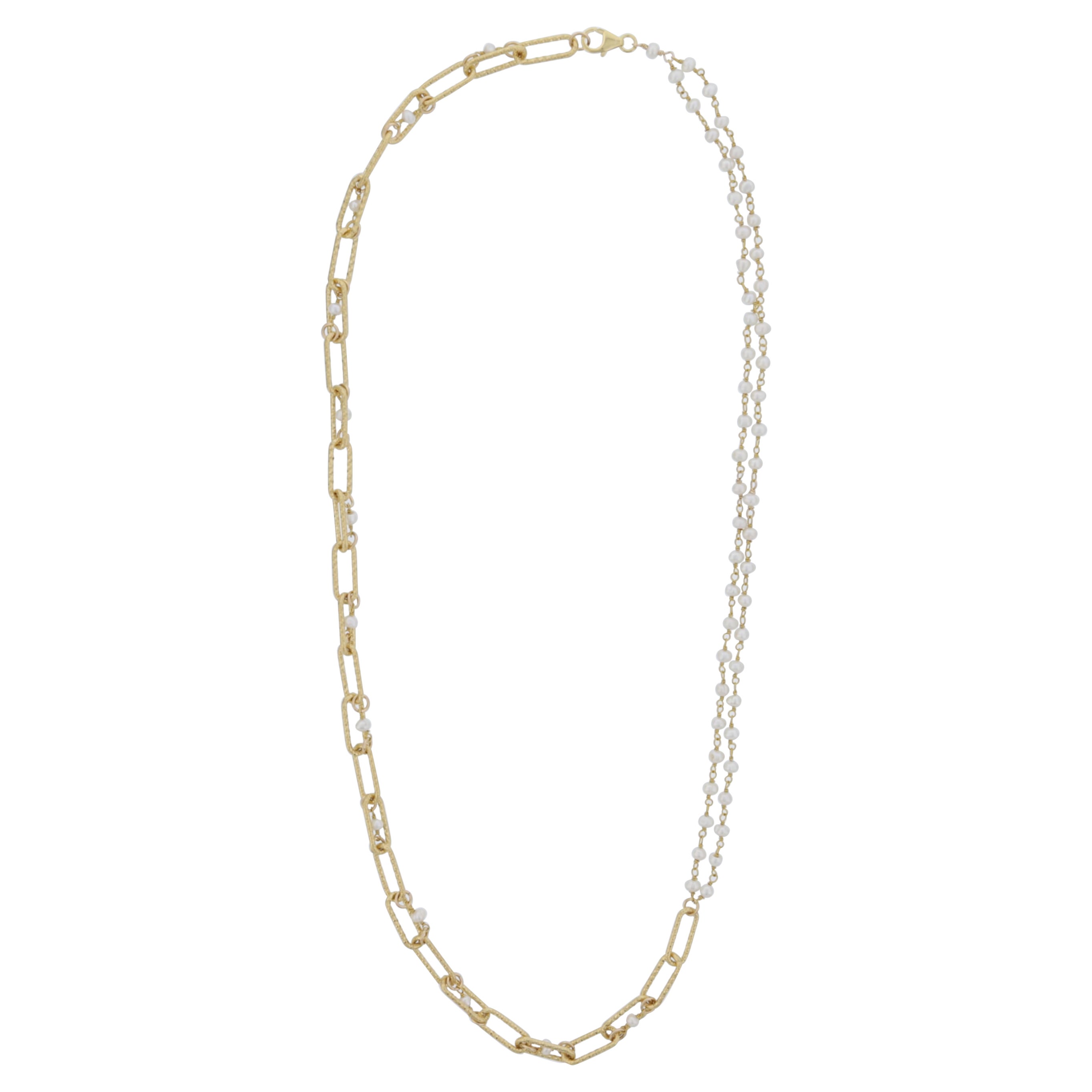 Pearl and Sterling Silver with 18K Gold Overlay Paperclip Link Necklace 22” For Sale