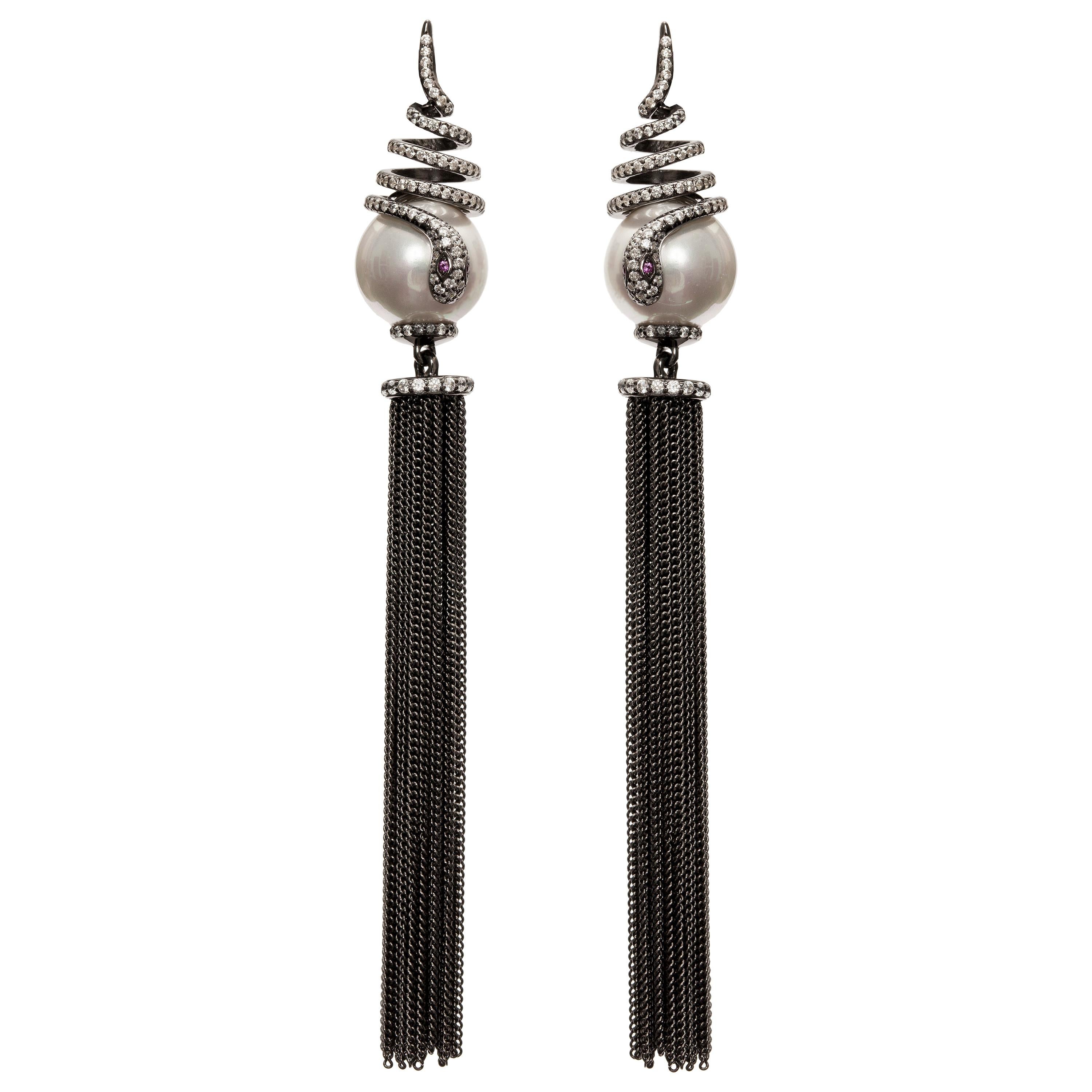 Ammanii Pearl and the Snake Black Rhodium Sahara Earrings with Tassels