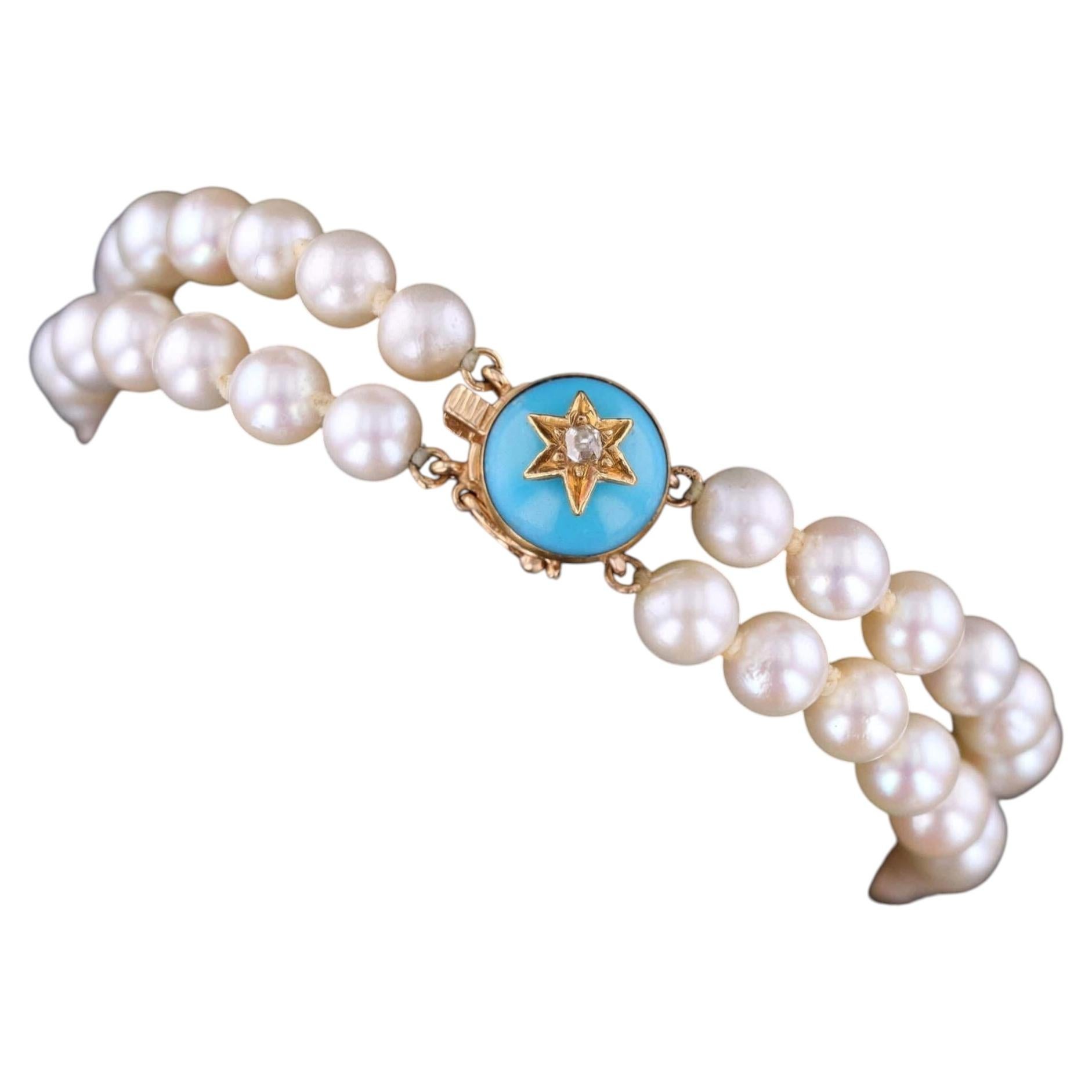 Pearl and Turquoise Glass Star Bracelet of 14k Gold For Sale