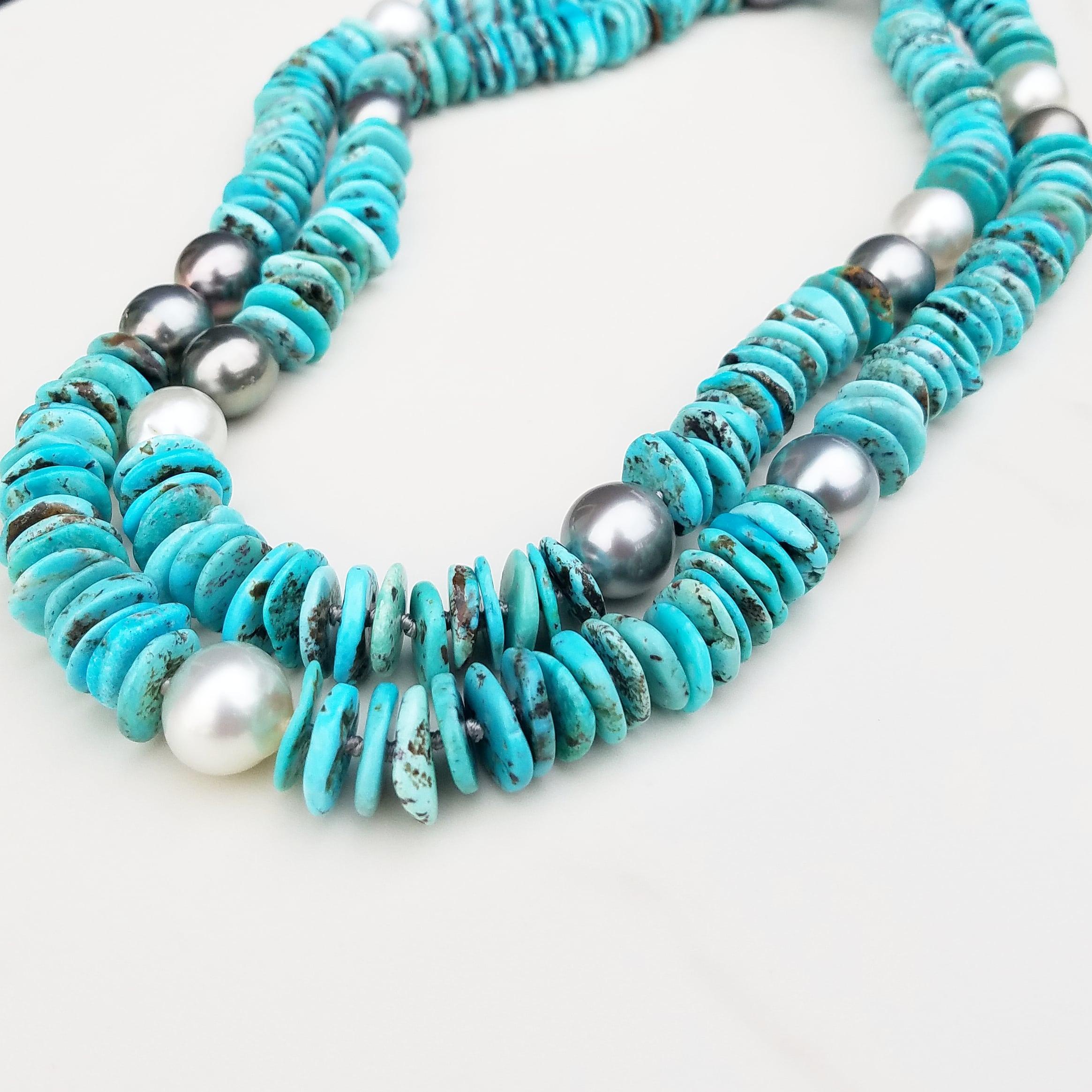 Artisan Tahitian Black Pearl and South Sea Pearl Turquoise Necklace For Sale