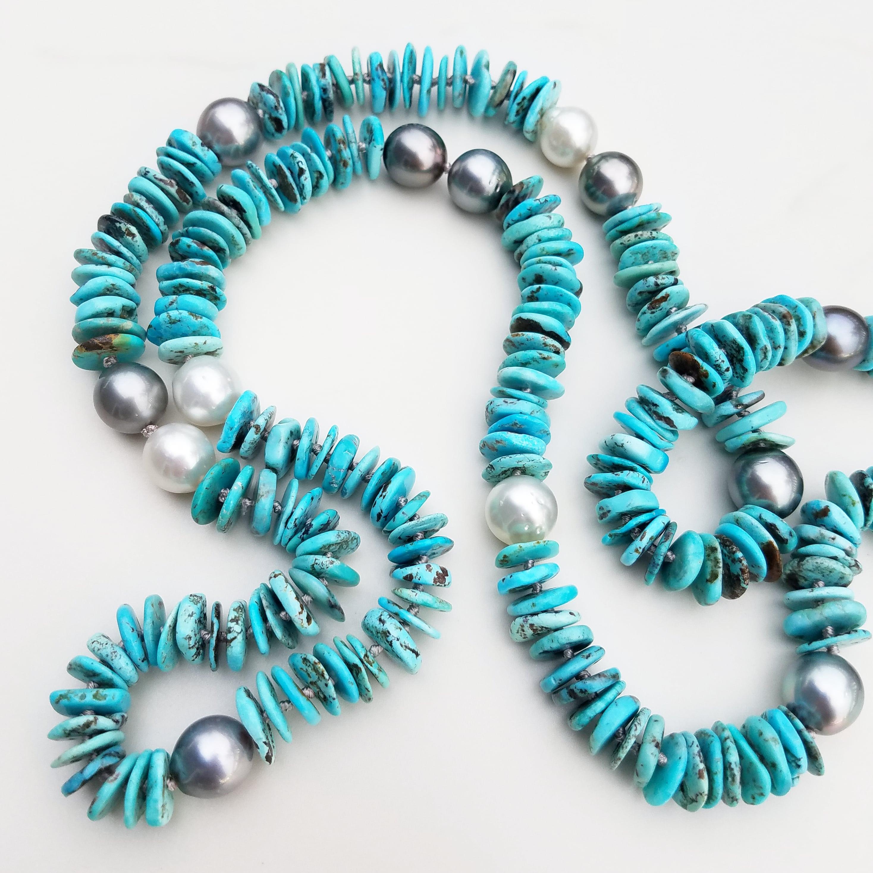 Bead Tahitian Black Pearl and South Sea Pearl Turquoise Necklace For Sale