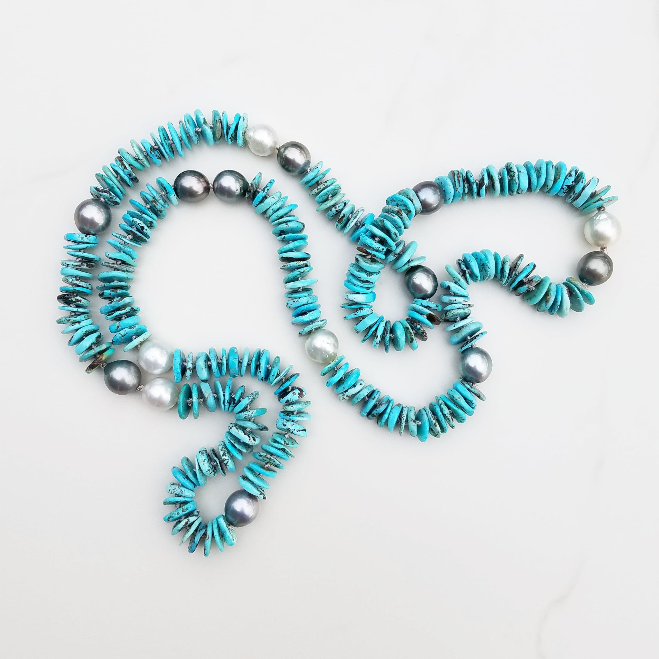 Tahitian Black Pearl and South Sea Pearl Turquoise Necklace In New Condition For Sale In Kailua Kona, HI