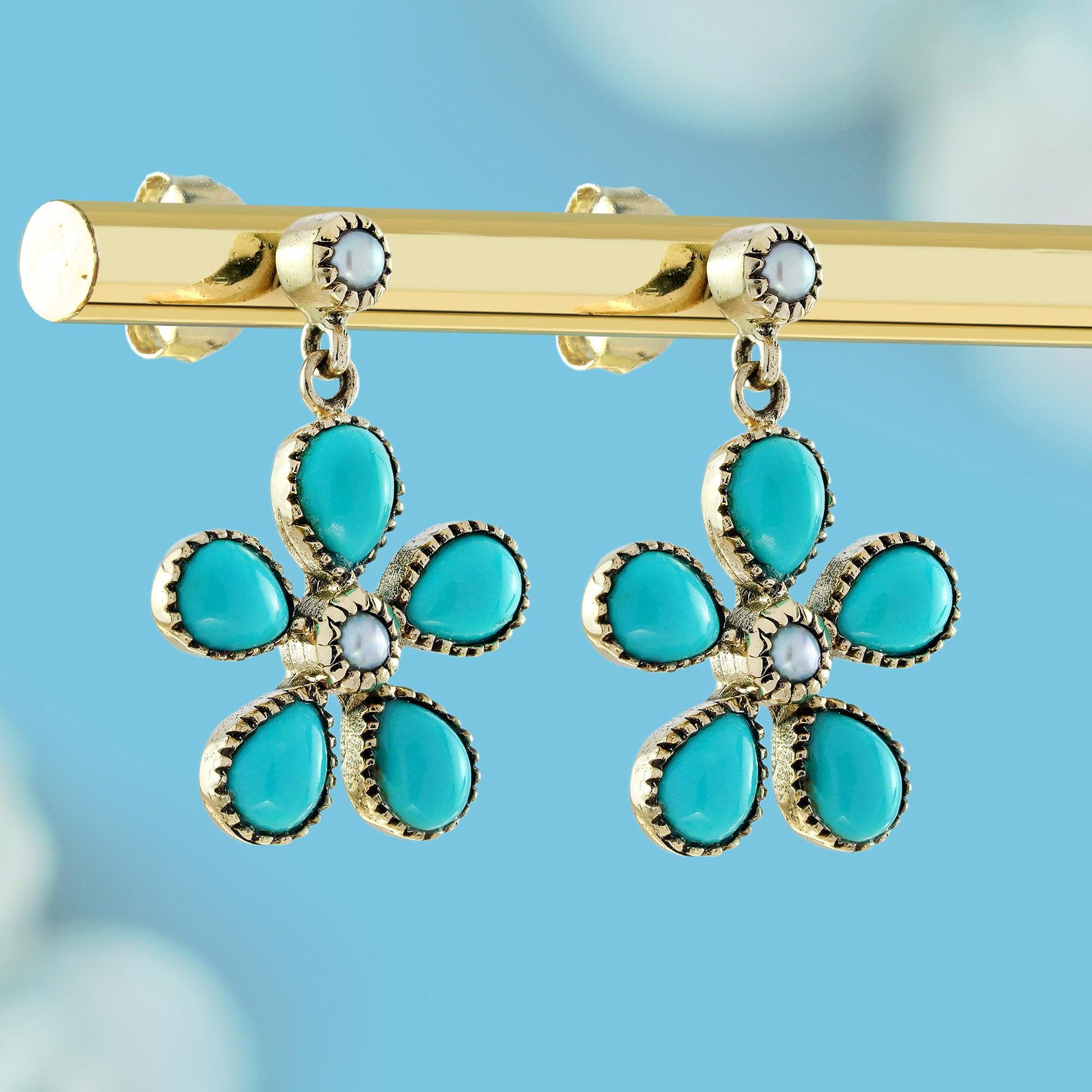 Vintage-Ohrhänger mit Perlen und Türkis im Vintage-Stil aus 9K Gold mit Blumenmuster (Edwardian) im Angebot