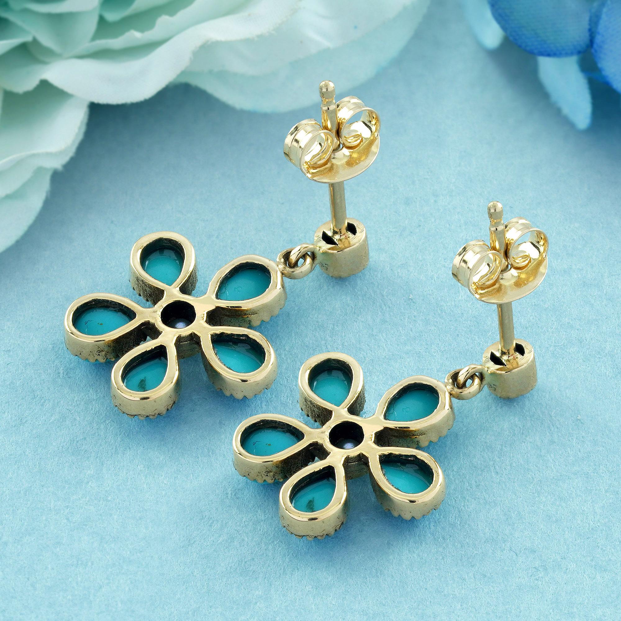 Vintage-Ohrhänger mit Perlen und Türkis im Vintage-Stil aus 9K Gold mit Blumenmuster (Tropfenschliff) im Angebot