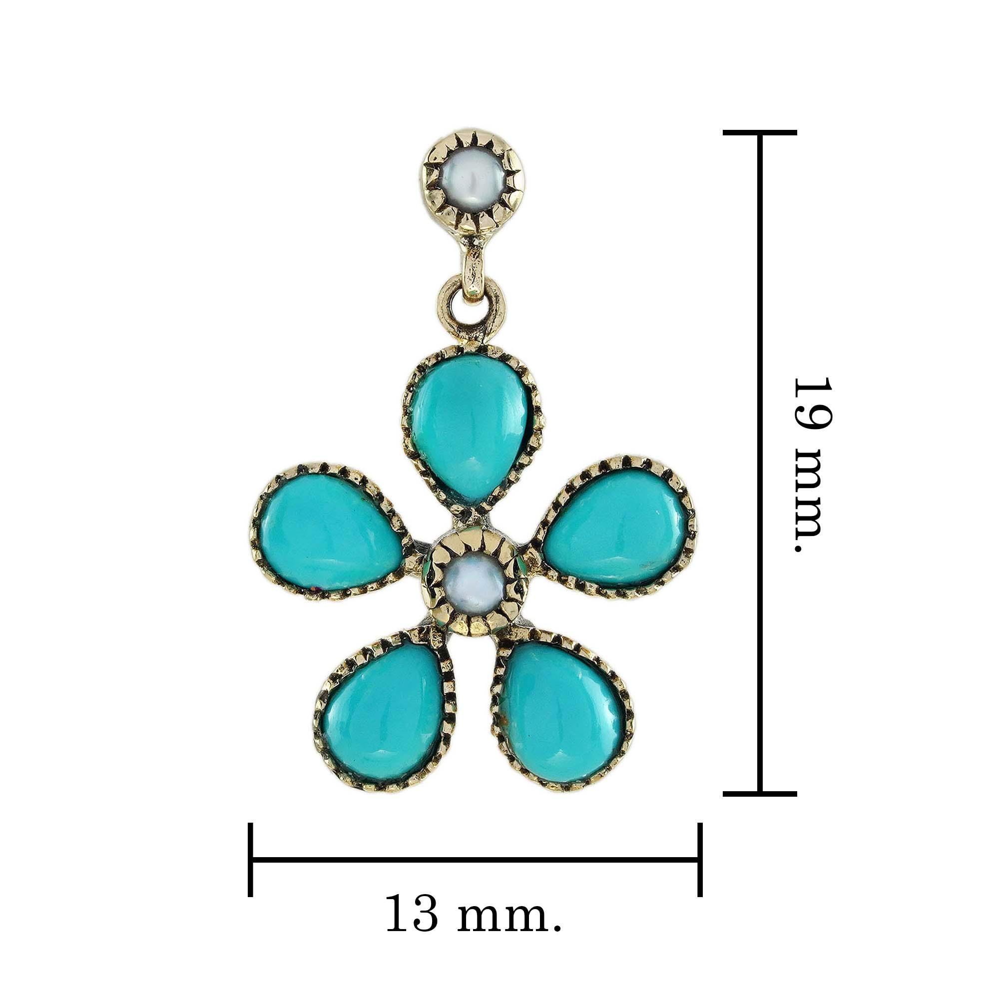 Vintage-Ohrhänger mit Perlen und Türkis im Vintage-Stil aus 9K Gold mit Blumenmuster im Zustand „Neu“ im Angebot in Bangkok, TH