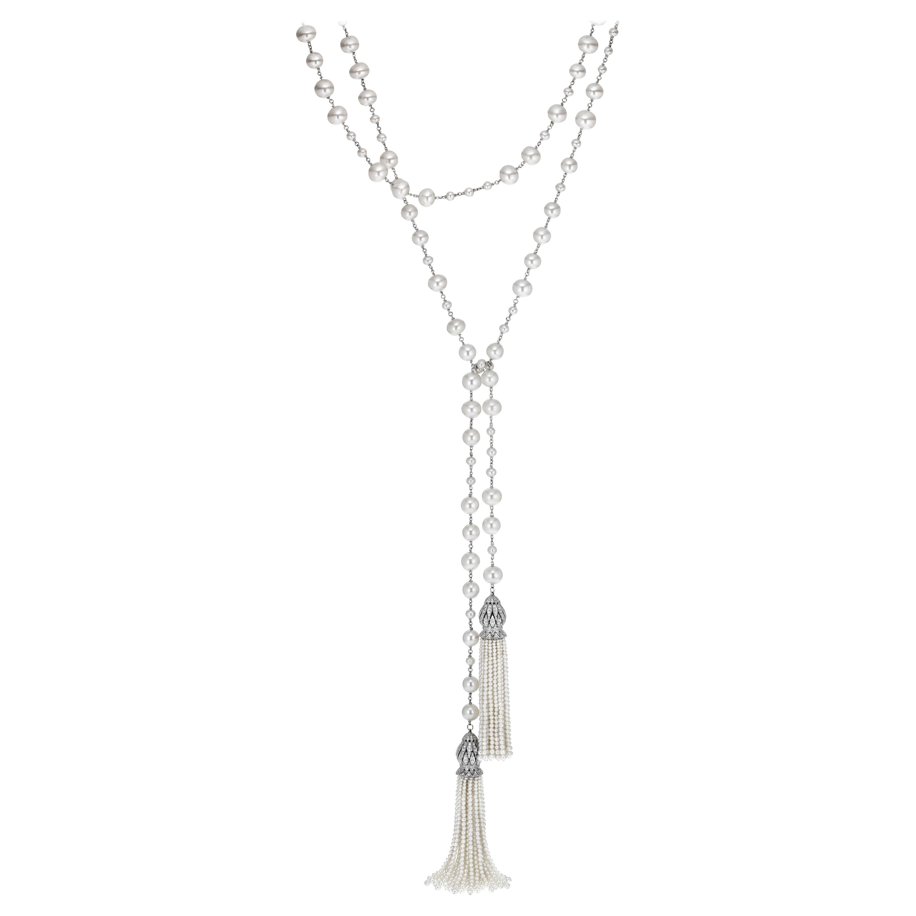 Pearl and White gold Tassel Necklace with Diamonds For Sale