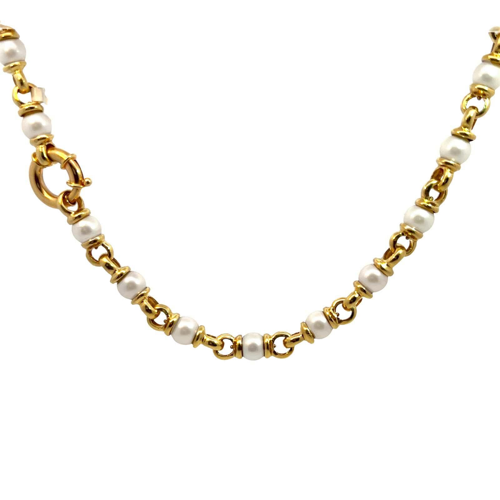 Retro  Pearl and Yellow Gold Link Necklace For Sale