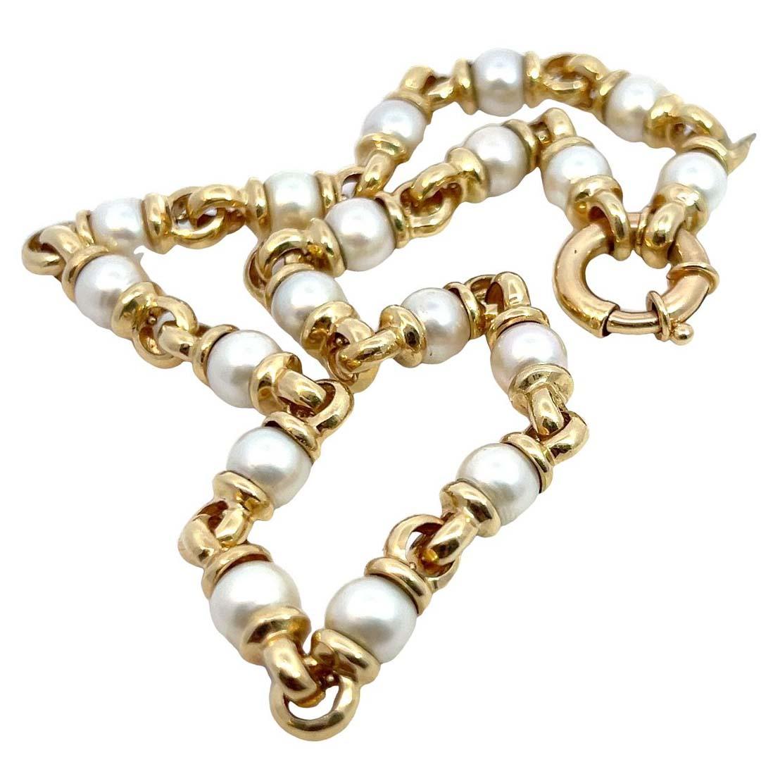 Round Cut Pearl and Yellow Gold Link Necklace