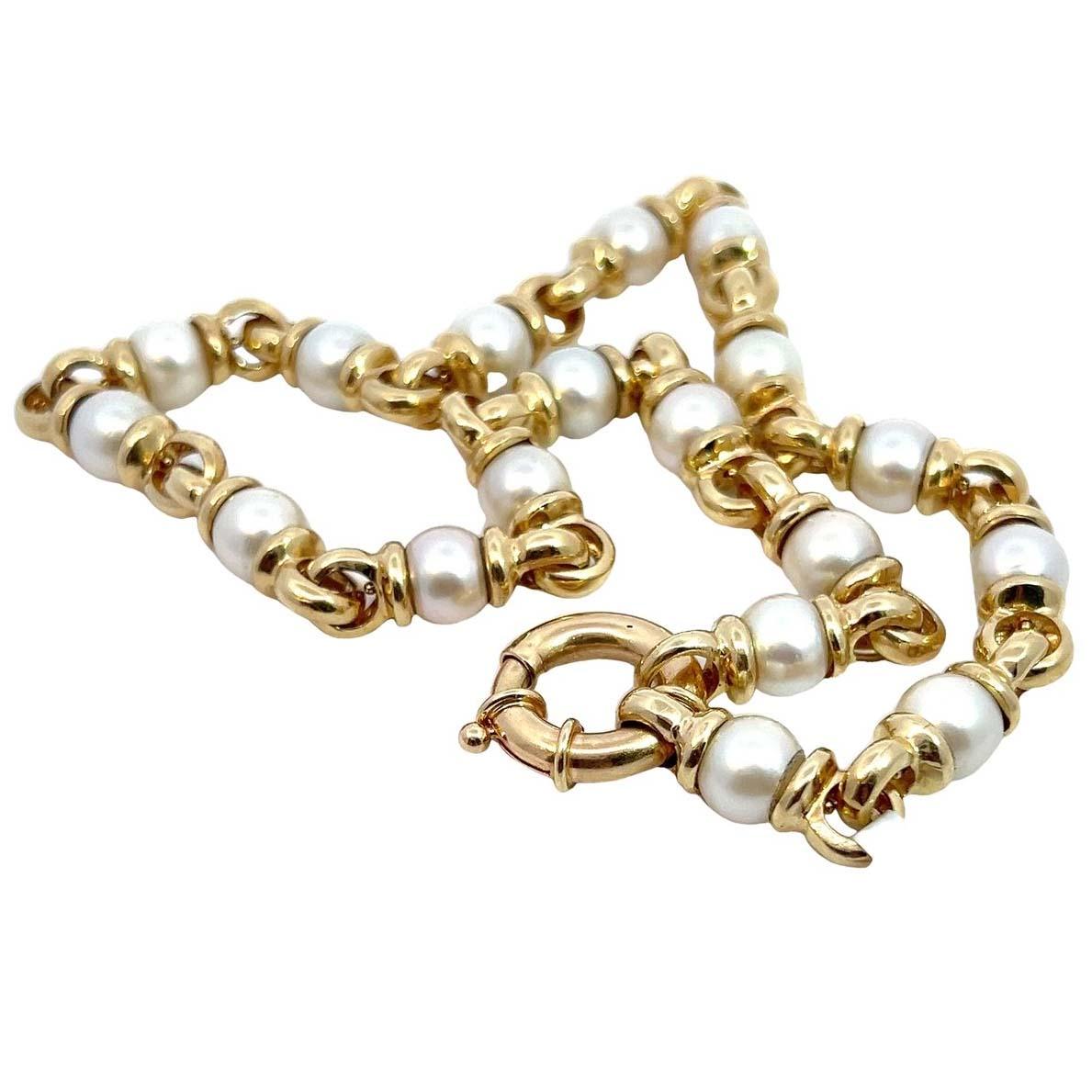 Women's or Men's Pearl and Yellow Gold Link Necklace