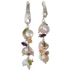 Pearl, Aqua, Garnet, Amethyst, and Silver Earrings