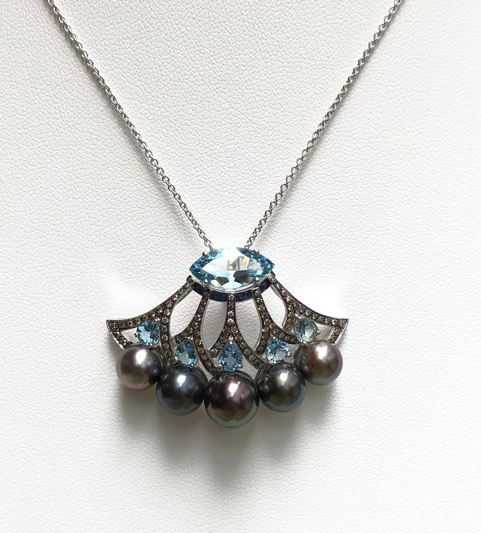 Tahitian Pearl, Aquamarine 3.50 carats, Blue Sapphire 0.06 carat and Brown Diamond 0.38 carat Pendant set in 18 Karat White Gold Settings
(chain not included)

Width: 4.8 cm 
Length: 3.0 cm
Total Weight: 12.23grams

