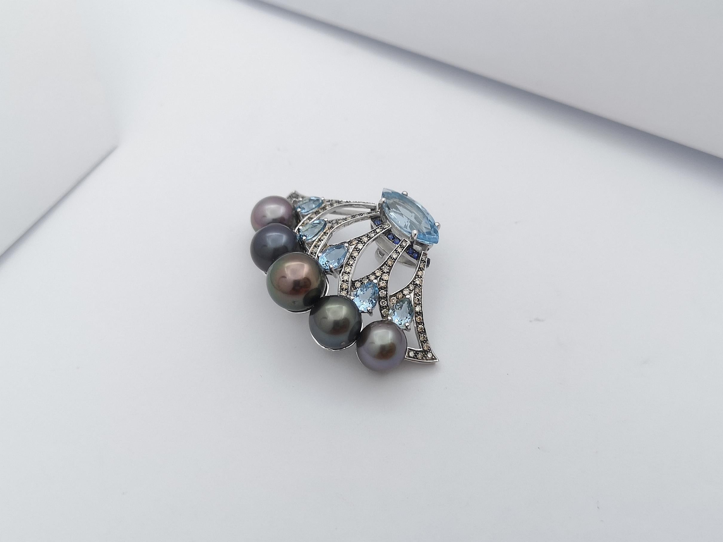 Contemporary Pearl, Aquamarine, Blue Sapphire and Brown Diamond Pendant 18 Karat White Gold For Sale