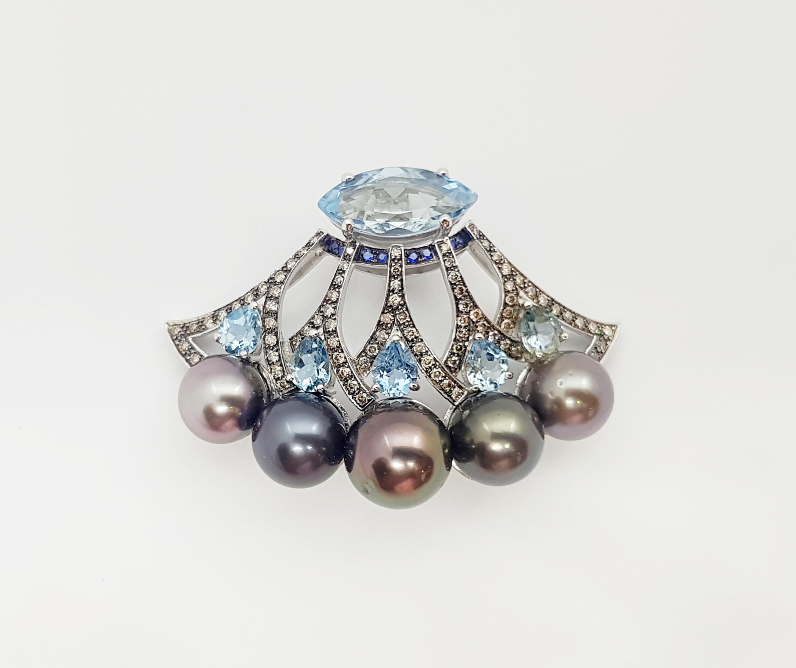 Mixed Cut Pearl, Aquamarine, Blue Sapphire and Brown Diamond Pendant 18 Karat White Gold For Sale