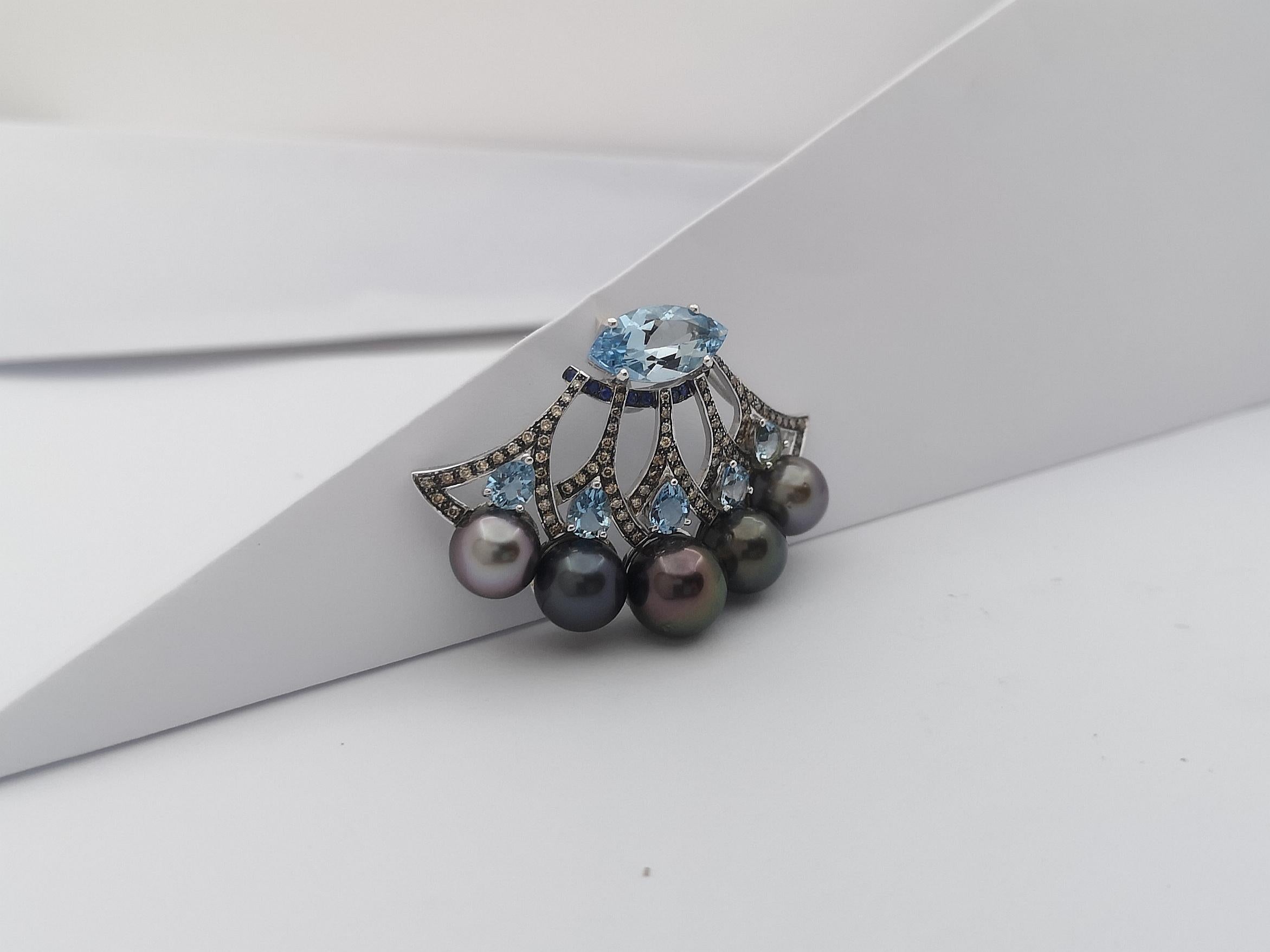 Women's Pearl, Aquamarine, Blue Sapphire and Brown Diamond Pendant 18 Karat White Gold For Sale