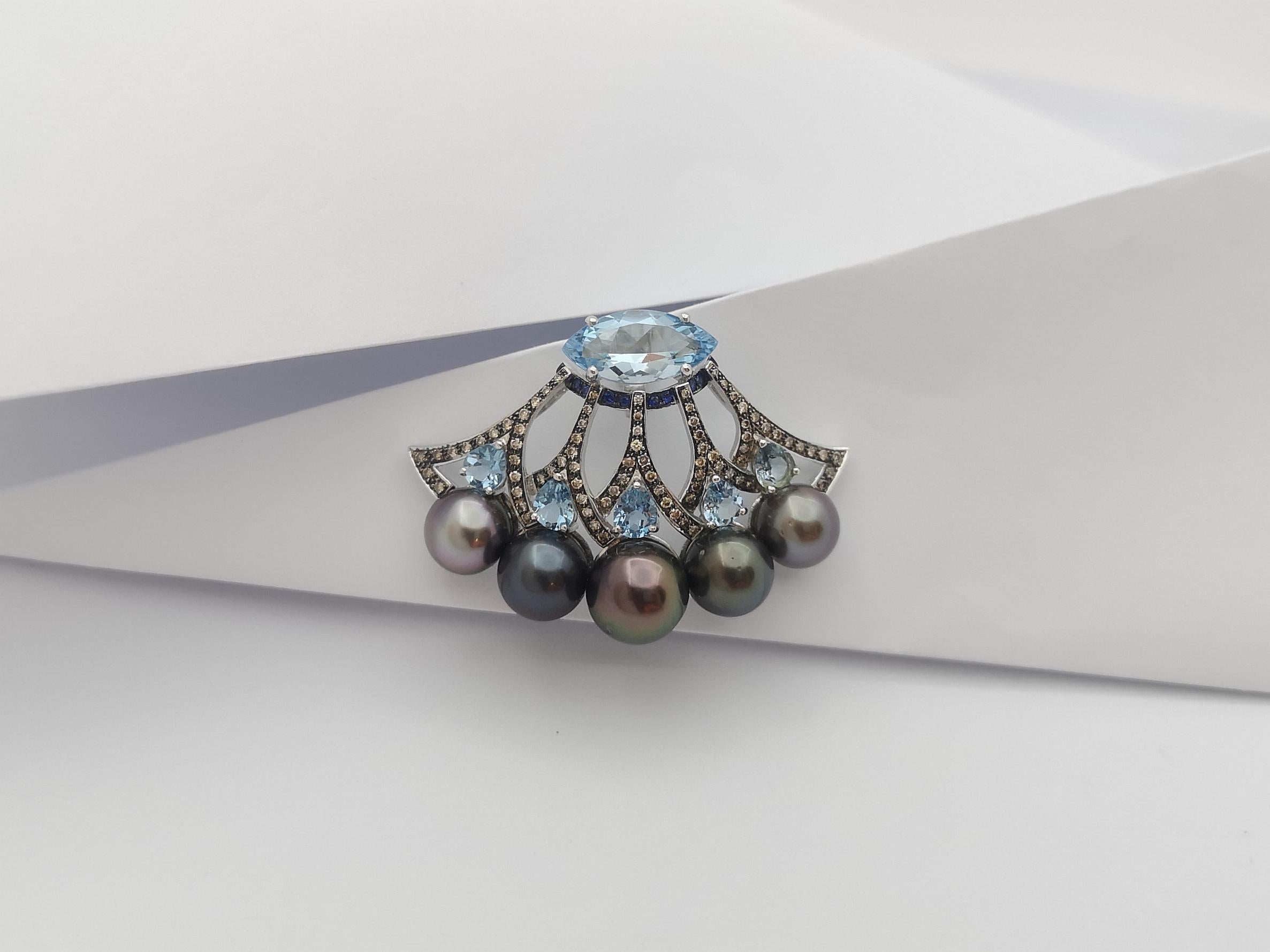 Pearl, Aquamarine, Blue Sapphire and Brown Diamond Pendant 18 Karat White Gold For Sale 1