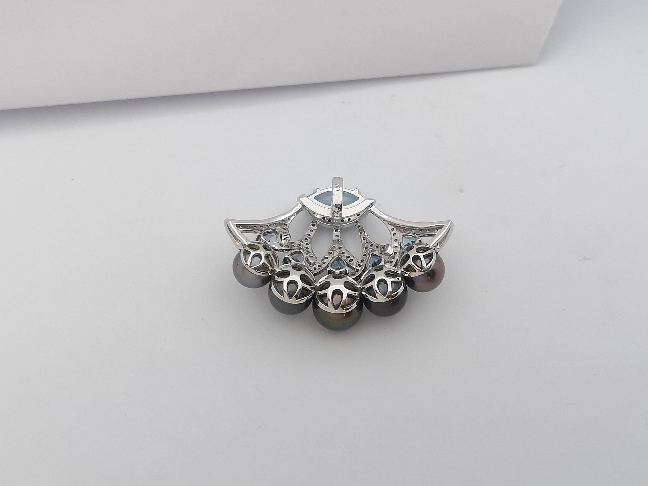 Pearl, Aquamarine, Blue Sapphire and Brown Diamond Pendant 18 Karat White Gold For Sale 2