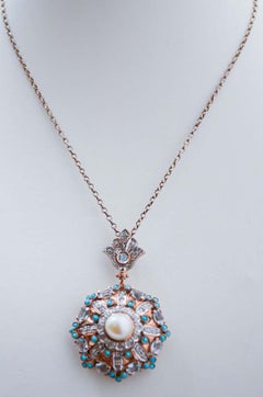 Pearl, Aquamarine Colour Topaz, Diamonds, Turquoise, Gold and Silver Pendant.