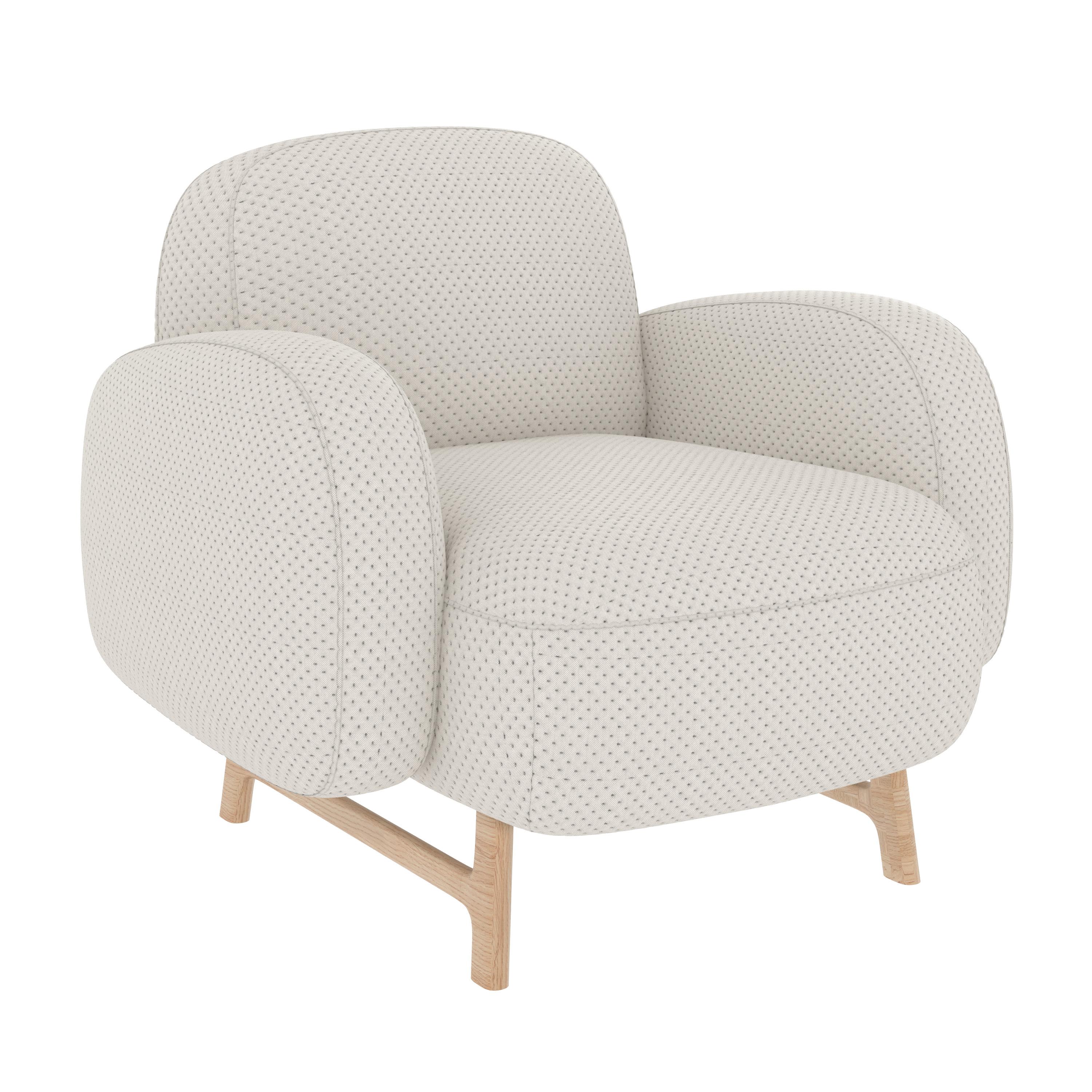 Sillón Pearl Auguste by HARTO
Dimensiones: An 96 x Pr 95 x Al 79 cm. 
Materiales: Pino macizo, madera contrachapada, 88% poliéster, 12% poliéster reciclado, Tipo de espuma: Espuma HR35 / S30.
Peso: 28 kg

El sillón Auguste es redondo, suave como un