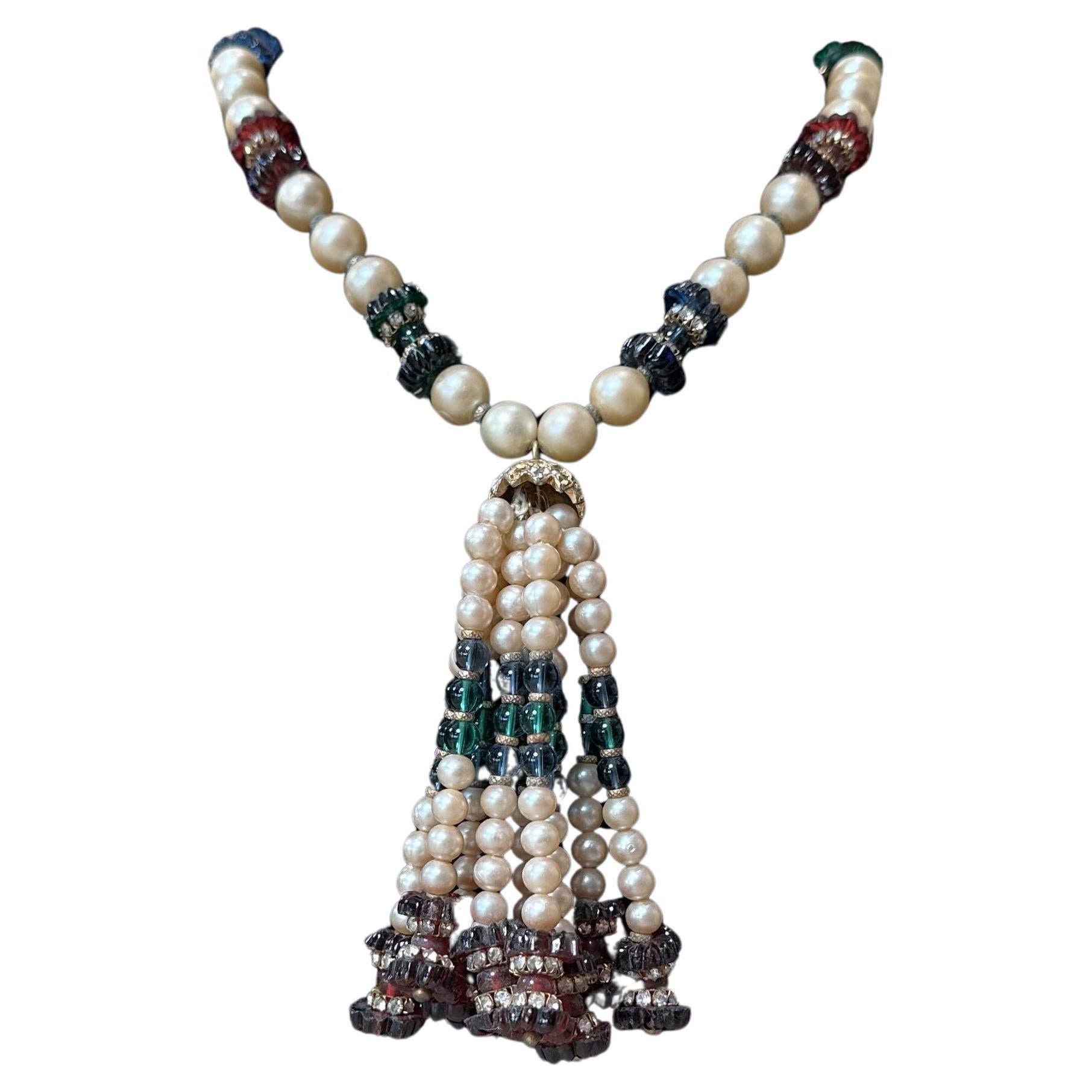 Vintage Synthetic Pearl & Bead Tassel Necklace