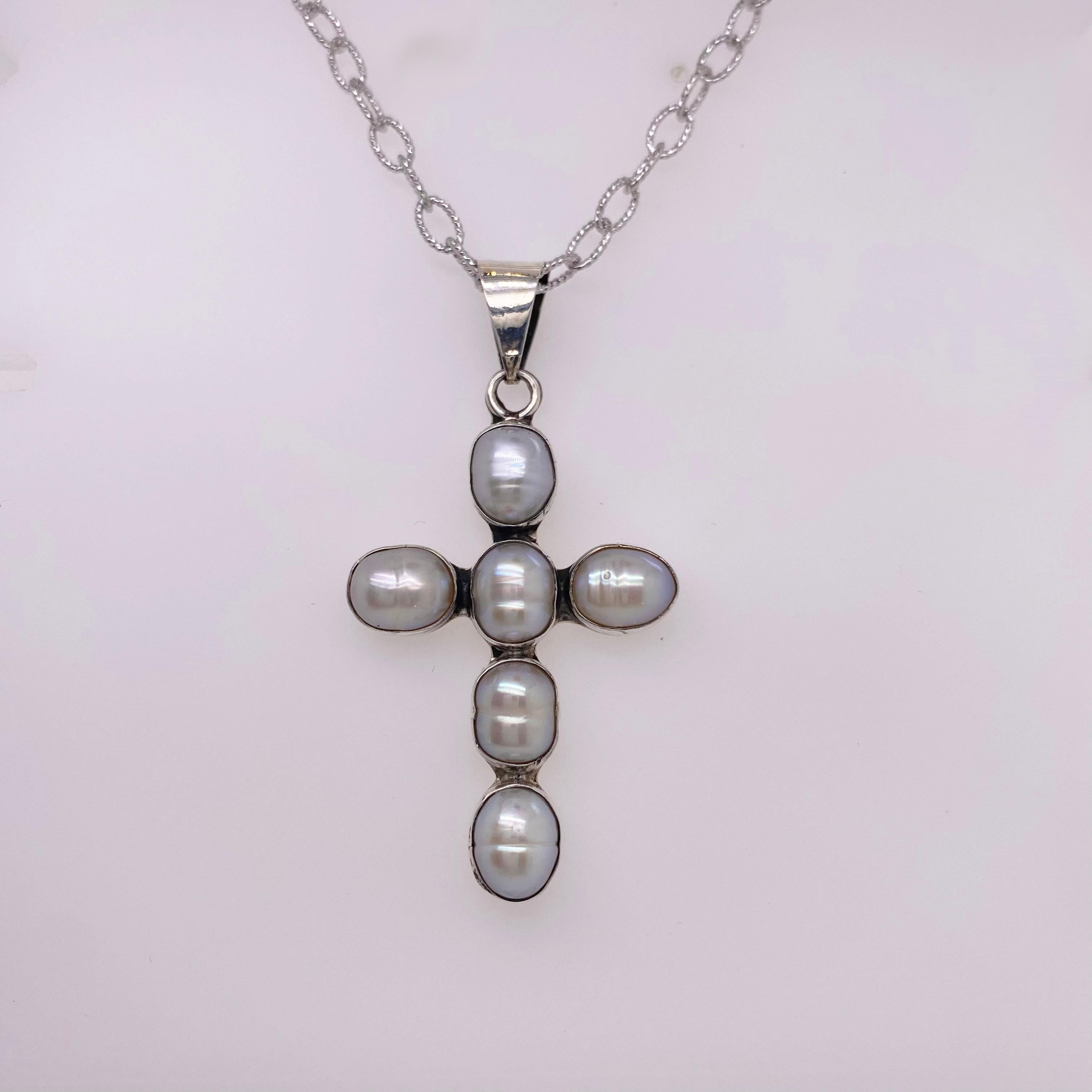 Artisan Pearl Beaded Cross w Genuine Freshwater Pearls Handmade in Sterling Silver Bezel For Sale