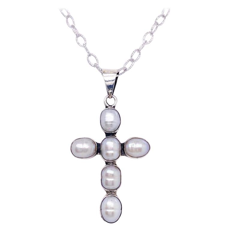 Pearl Beaded Cross w Genuine Freshwater Pearls Handmade in Sterling Silver Bezel For Sale