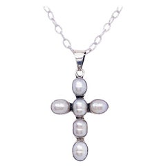 Pearl Beaded Cross w Genuine Freshwater Pearls Handmade in Sterling Silver Bezel