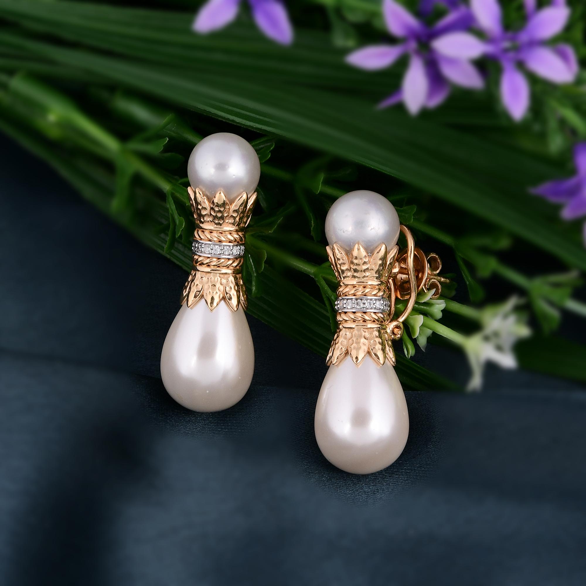 Modern Pearl Beads Dangle Earrings Diamond Pave 18 Karat Yellow Gold Handmade Jewelry For Sale