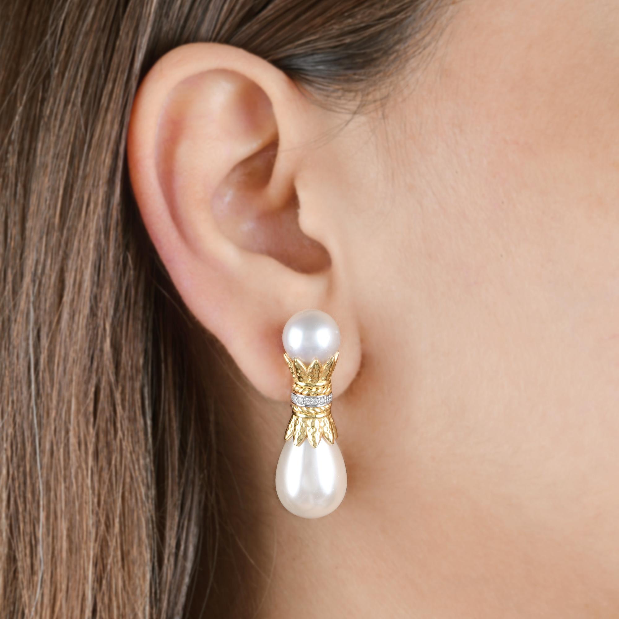 Round Cut Pearl Beads Dangle Earrings Diamond Pave 18 Karat Yellow Gold Handmade Jewelry For Sale
