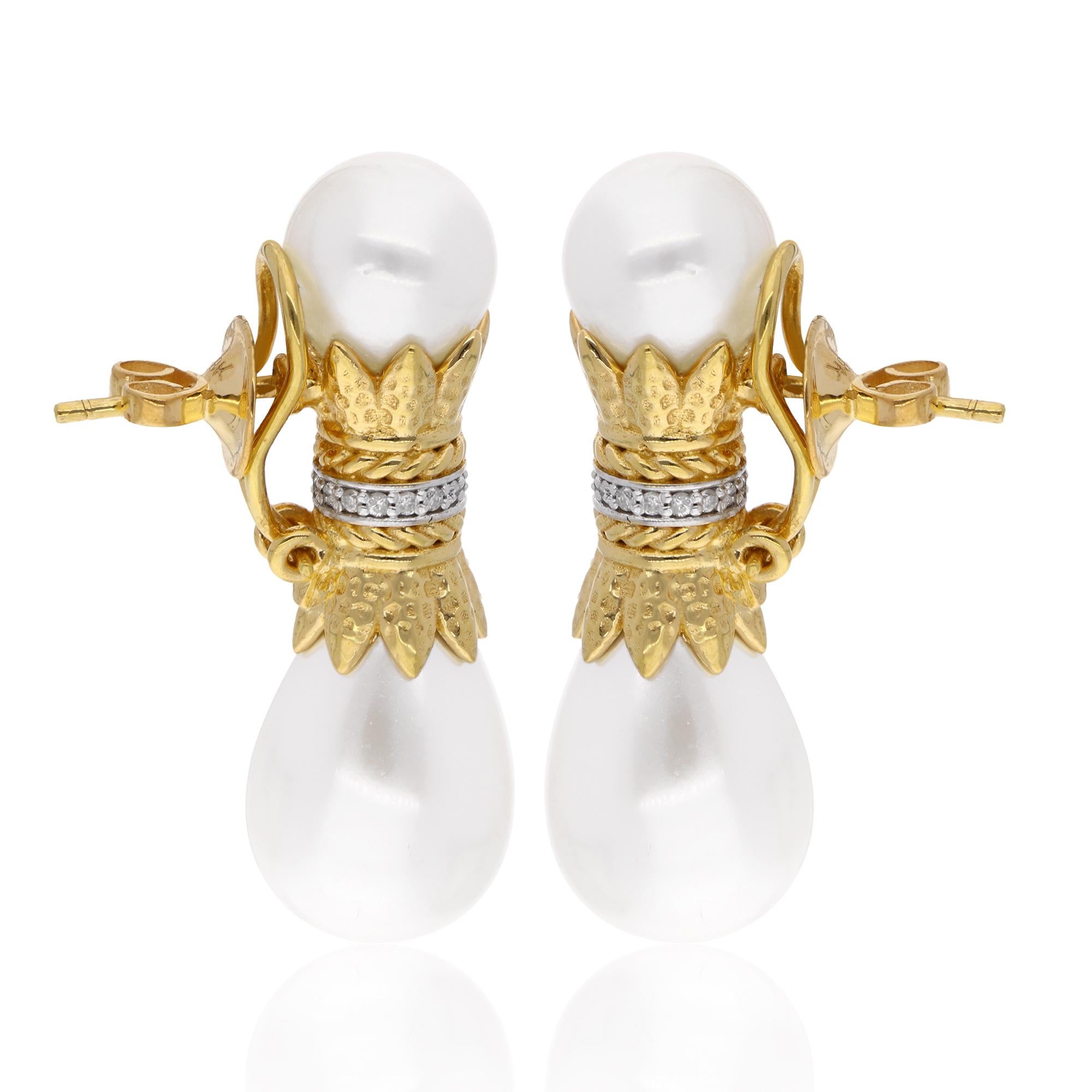 Women's Pearl Beads Dangle Earrings Diamond Pave 18 Karat Yellow Gold Handmade Jewelry For Sale
