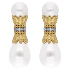 Pearl Beads Dangle Earrings Diamond Pave 18 Karat Yellow Gold Handmade Jewelry
