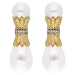 Pearl Beads Dangle Earrings Diamond Pave 18 Karat Yellow Gold Handmade Jewelry
