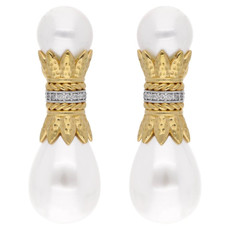 Pearl Beads Dangle Earrings Diamond Pave 18 Karat Yellow Gold Handmade