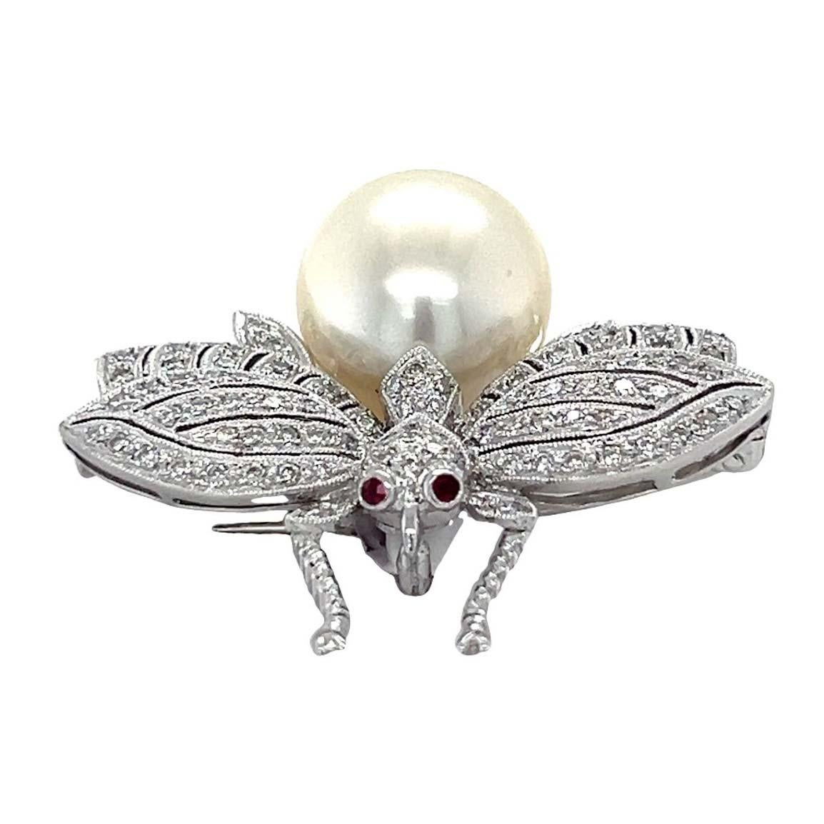 Retro Pearl Bee and Diamond Brooch Pin  For Sale