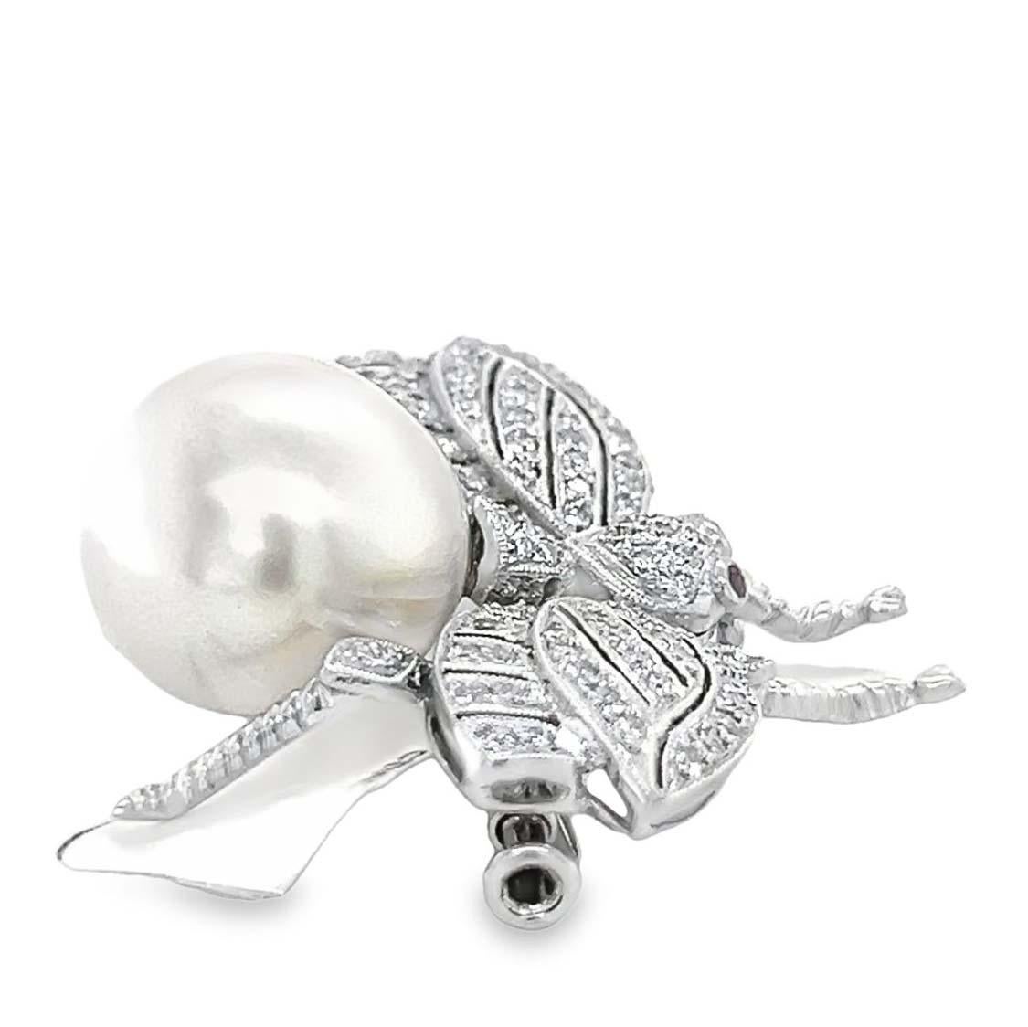 Round Cut Pearl and Diamond Brooch Pin  For Sale