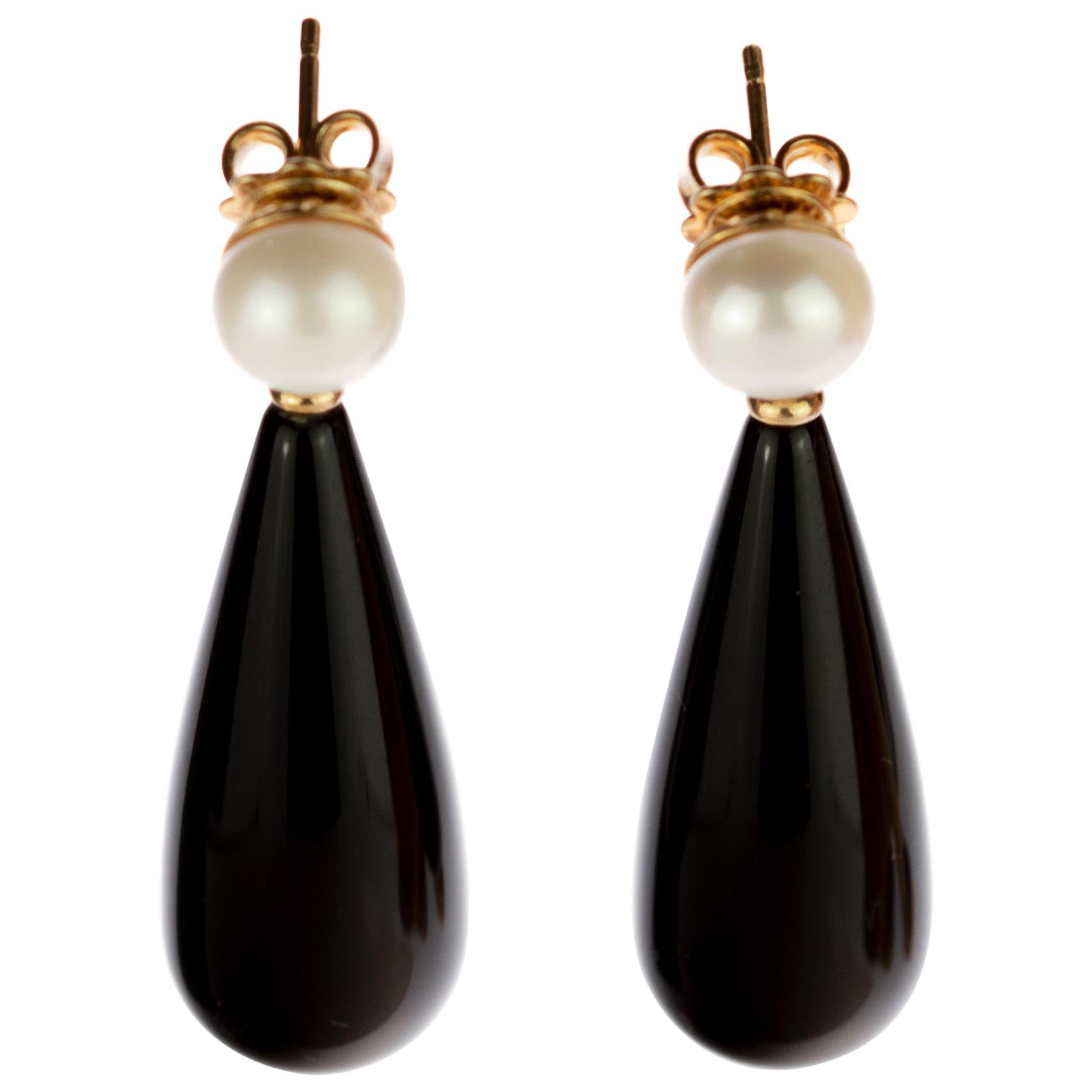 Intini Jewels Pearl Black Agate 18 Karat Gold Tear Drop Stud Bold Deco Earrings