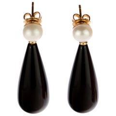 Intini Jewels Pearl Black Agate 18 Karat Gold Tear Drop Stud Bold Deco Earrings