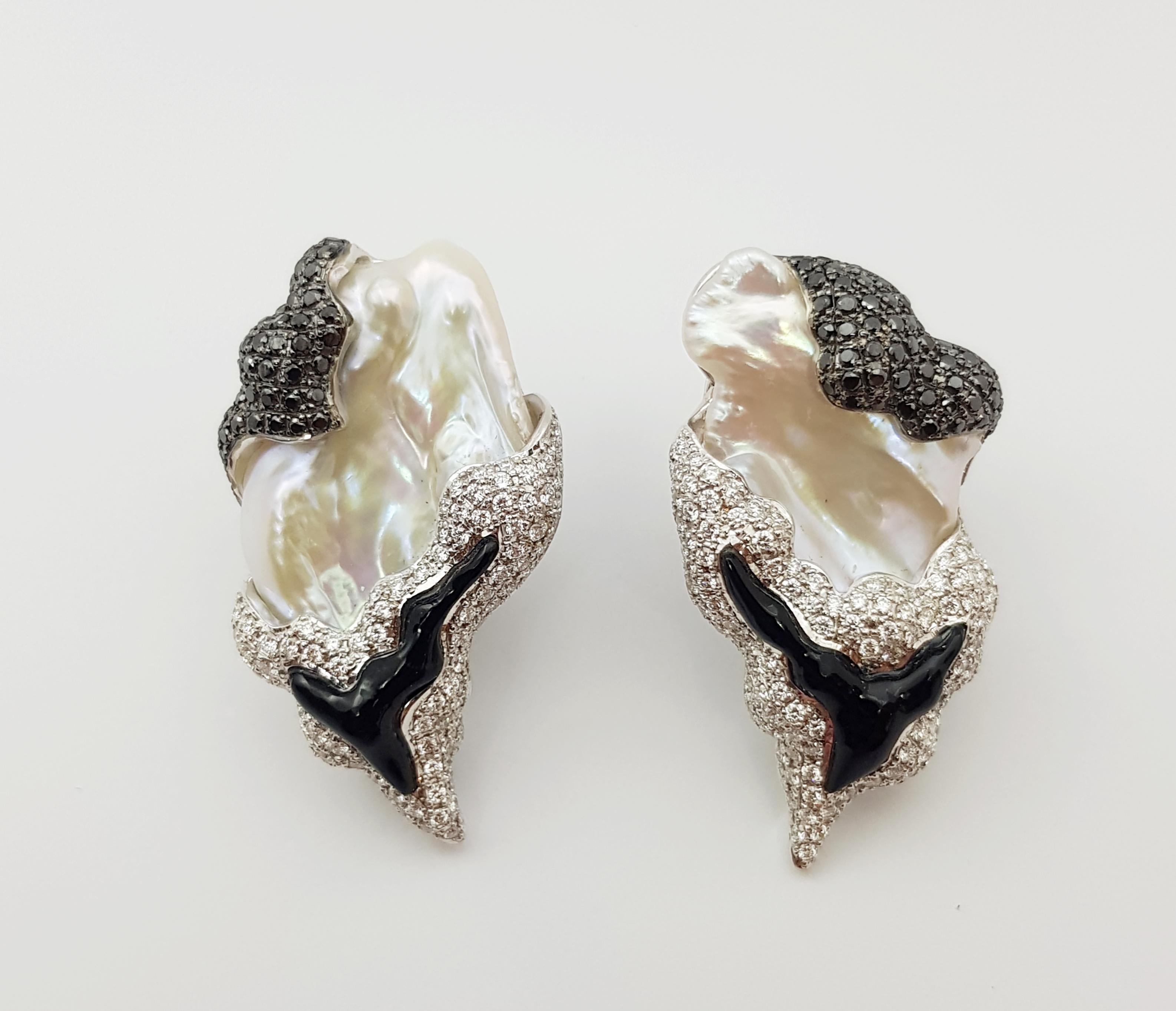 Contemporary Pearl, Black Diamond and Diamond Earrings Set in 18 Karat White Gold Settings For Sale
