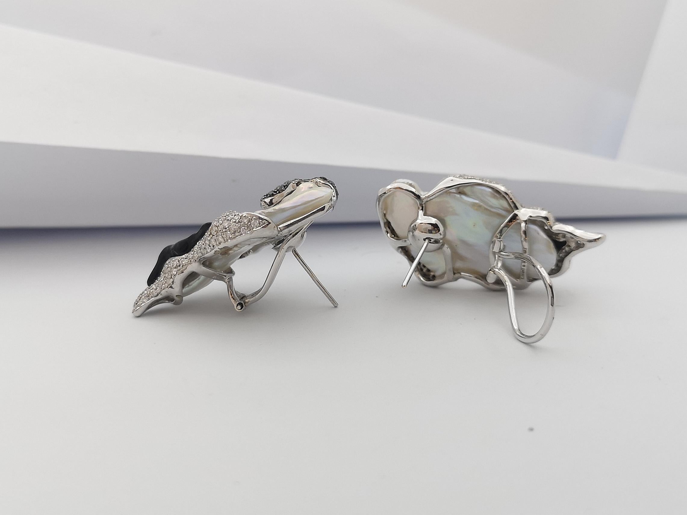 Women's Pearl, Black Diamond and Diamond Earrings Set in 18 Karat White Gold Settings For Sale
