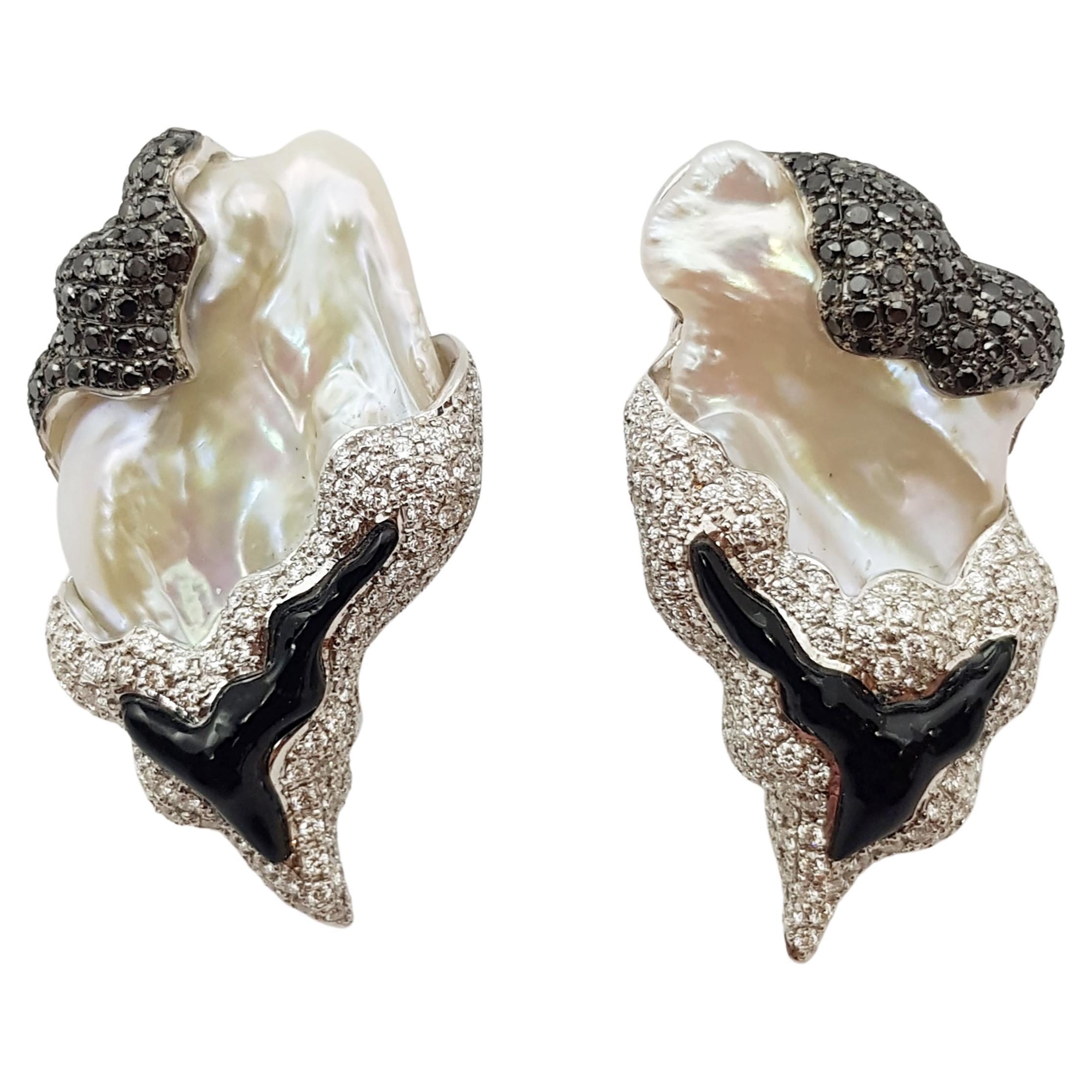 Pearl, Black Diamond and Diamond Earrings Set in 18 Karat White Gold Settings For Sale
