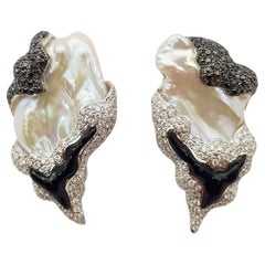 Pearl, Black Diamond and Diamond Earrings Set in 18 Karat White Gold Settings
