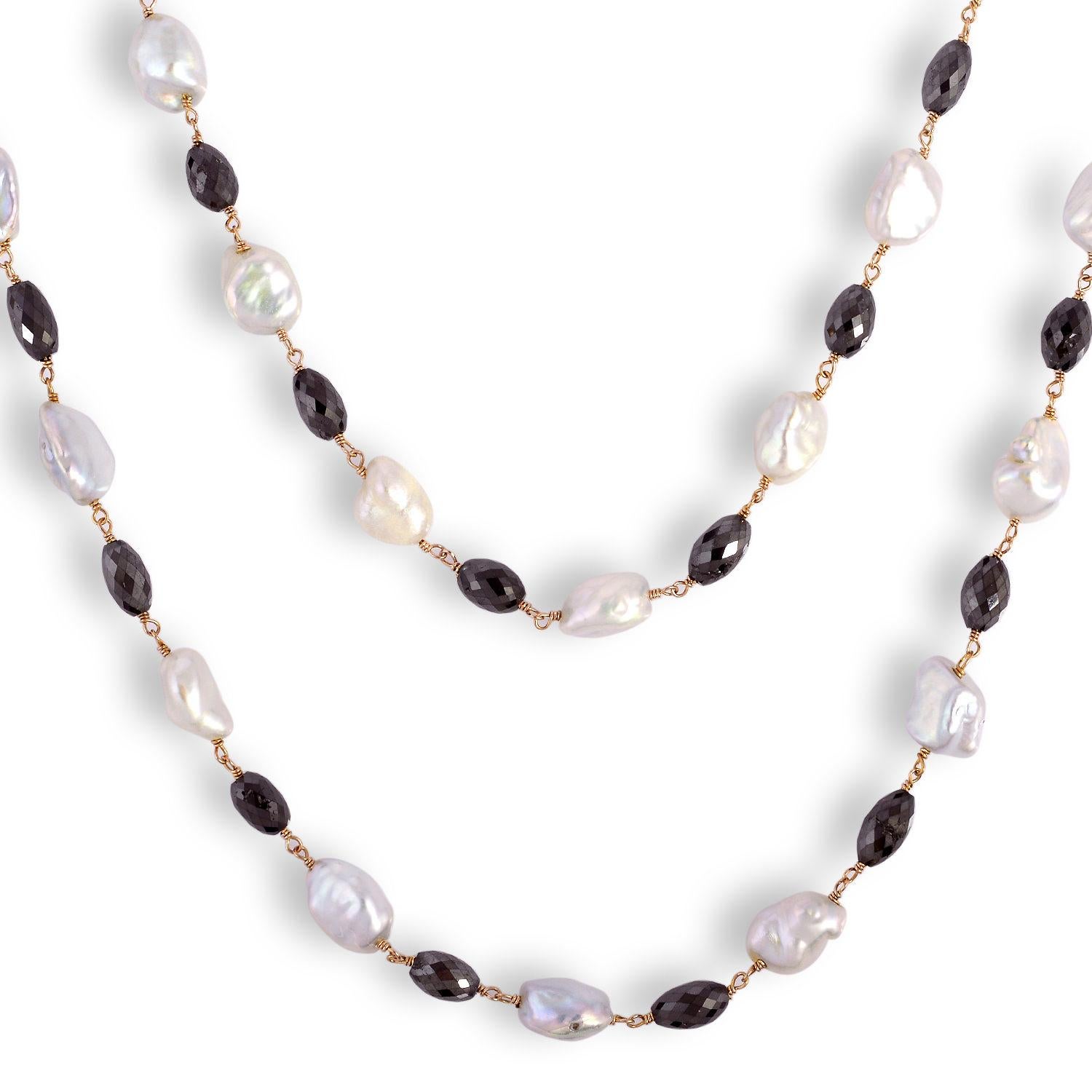 Art Nouveau Pearl & Black Diamond Chain Necklace Made In 18k Gold For Sale
