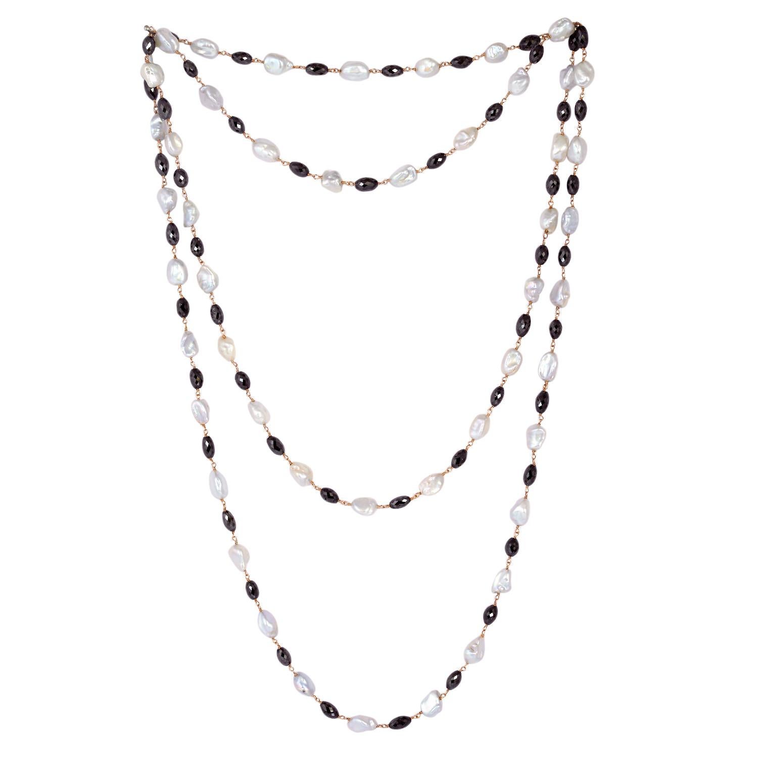 Taglio misto Collana a catena di perle e diamanti neri in oro 18k in vendita