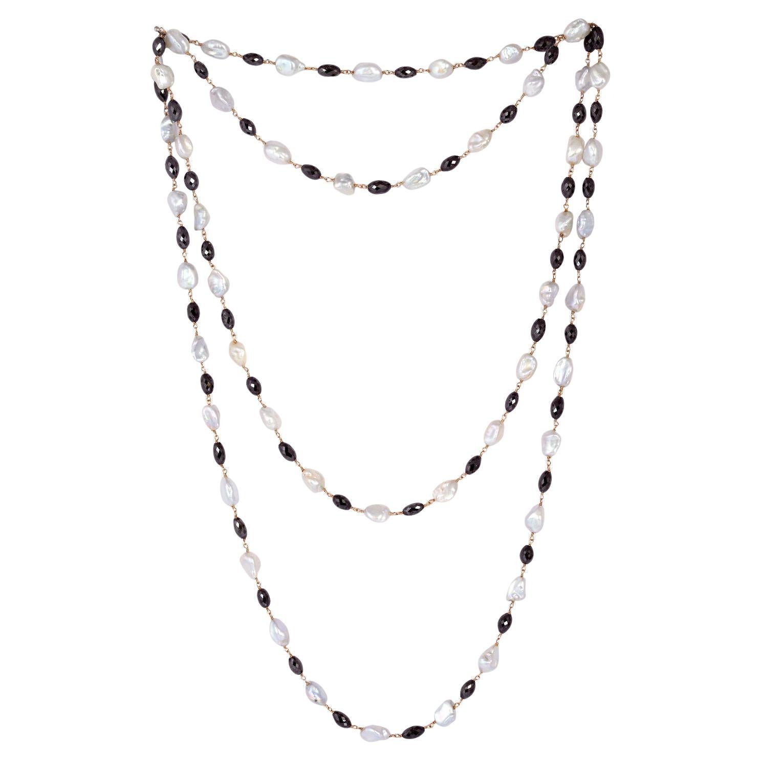 Pearl & Black Diamond Chain Necklace Made In 18k Gold For Sale