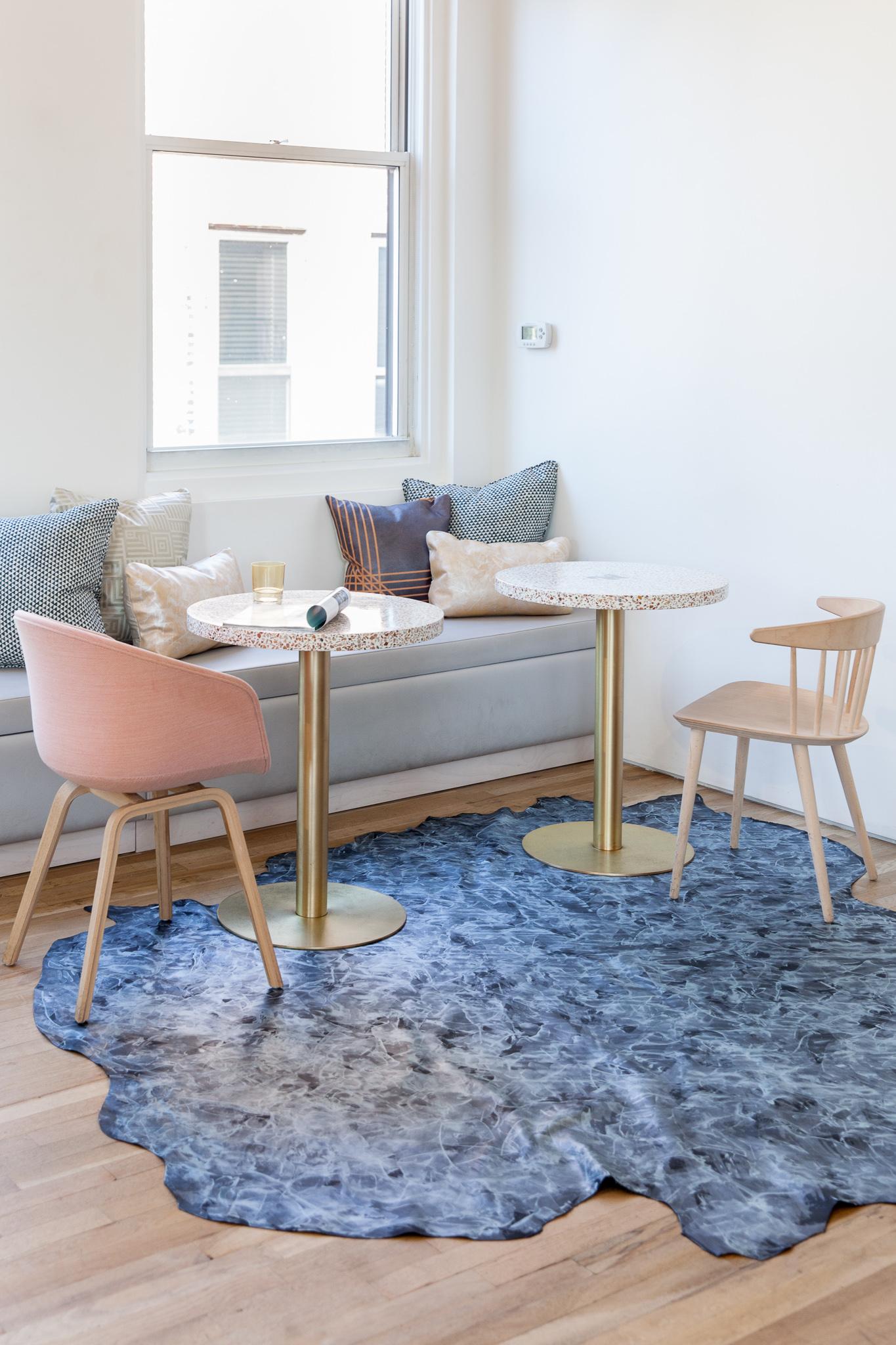 Marble glaze is hand painted in our Brooklyn studio using a metallic dye on full grain leather. Modernize your space with this update on the Classic cowhide rug. We use dyes, not paint, to create our work, which penetrate the surface of the leather