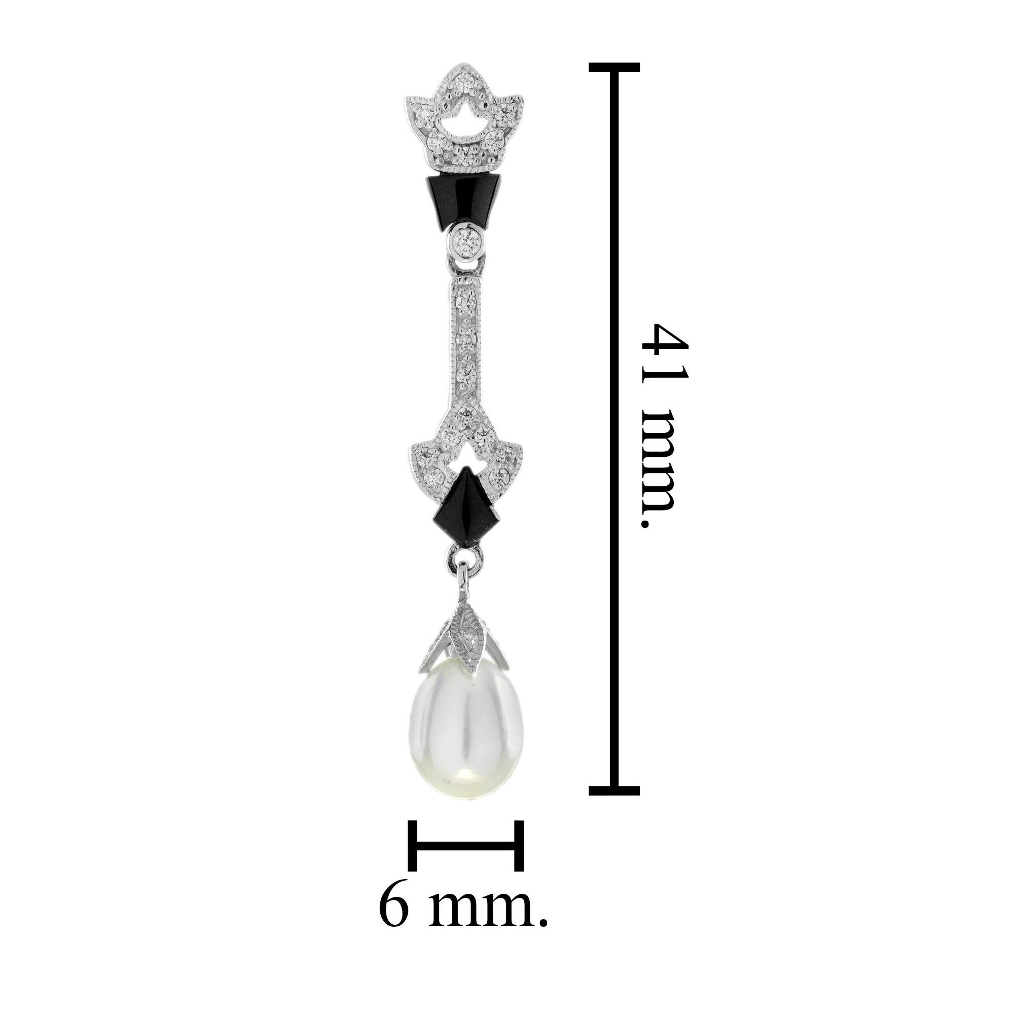 Orecchini a goccia con perle, onice nero e diamanti in stile Art Deco in oro bianco 14K In condizioni Nuovo in vendita a Bangkok, TH