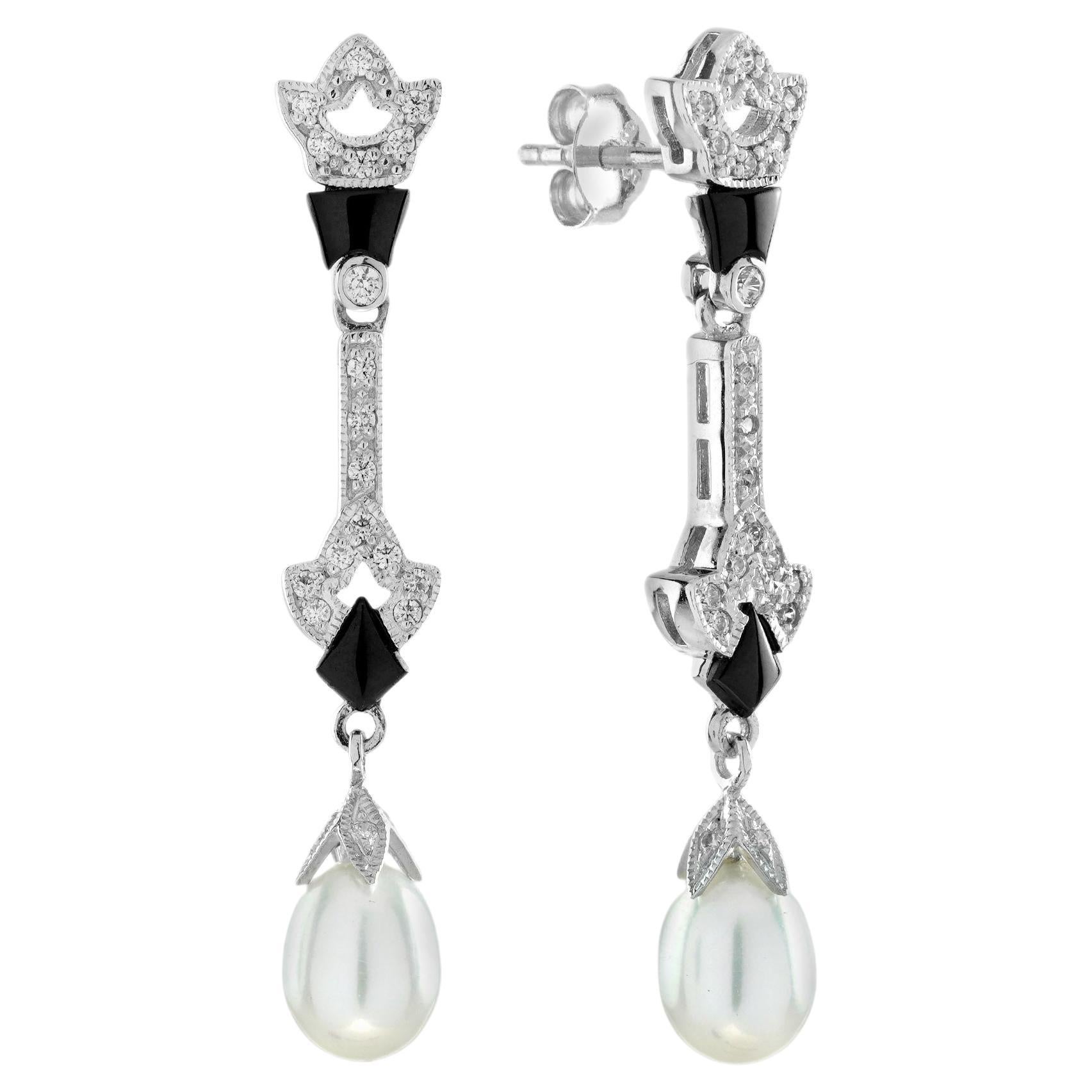 Pearl Black Onyx and Diamond Art Deco Style Drop Earrings in 14K White Gold