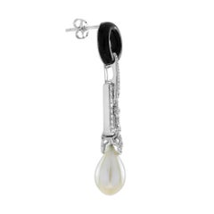 Perle & Schwarzer Onyx Diamant Art Deco Stil Tropfen Weißgold Ohrringe