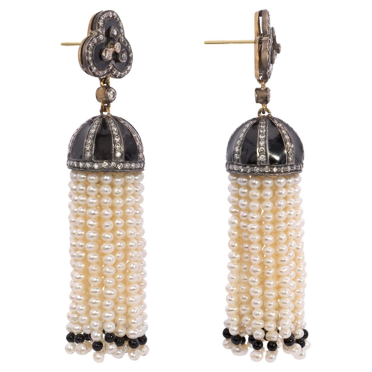 Introducing our stunning Antique Pearl and Diamond Earrings, the epitome of vintage charm and elegance. These one-of-a-kind earrings showcase a classic sautoir design synonymous with the Art Deco era, featuring exquisite rose-cut diamonds and