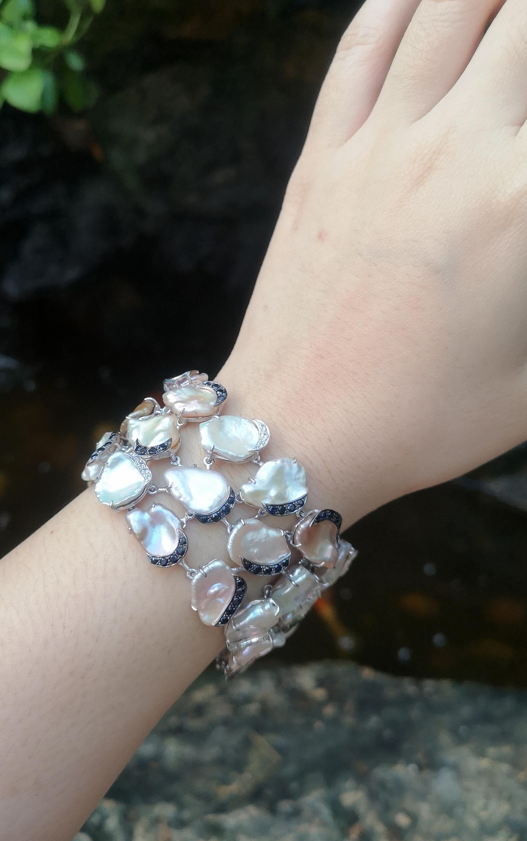 Contemporary Pearl, Black Sapphire and White Sapphire Bracelet set in Silver Setting For Sale